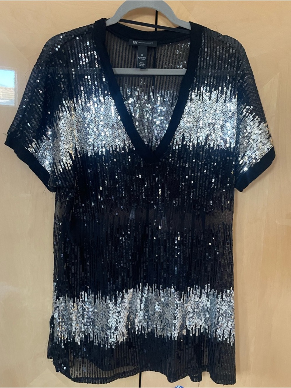 I.N.C Black Sequin Short Sleeve Top with Silver Accents